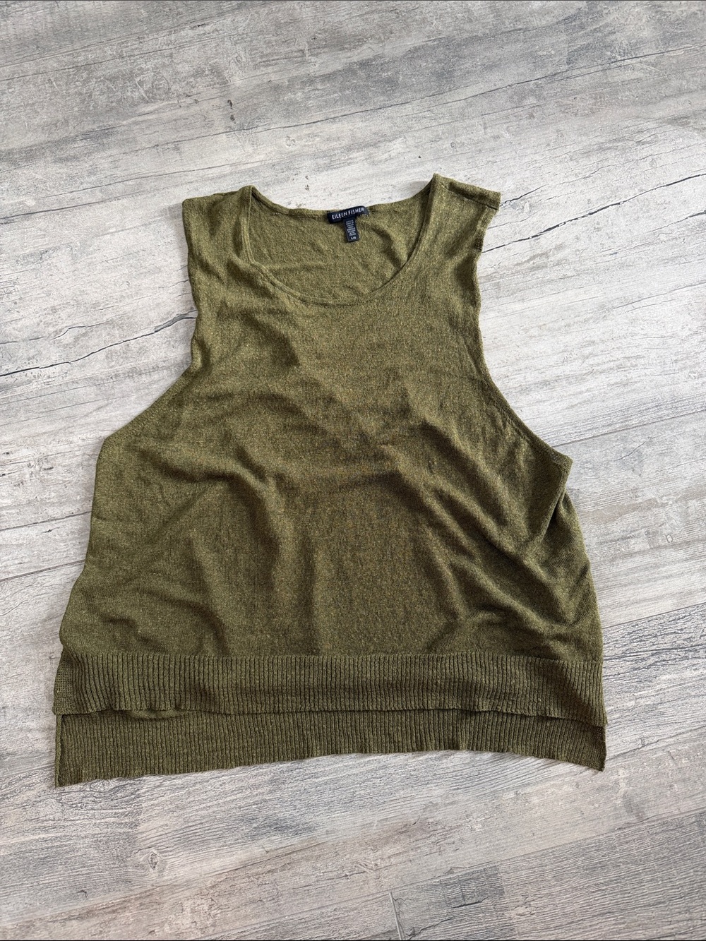 Eileen Fisher Linen Olive Sheer Sleeveless Tank Knit Layering Top Sz L